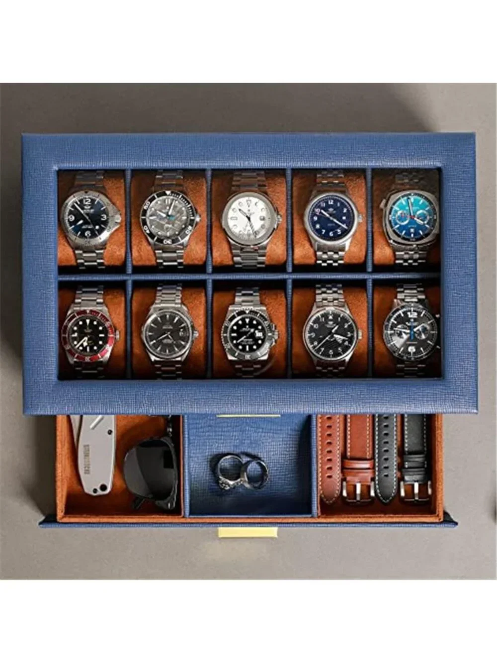 ROTHWELL 10-Slot Watch Box in Leather with Valet Drawer, Luxury Watch Case